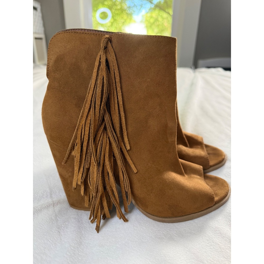 DV by Dolce Vita Brown Faux Suede Fringe Open Toe Block Heel Ankle Boots 7.5